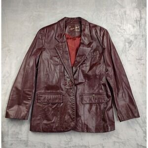 Etienne Aigner Burgundy Leather Blazer Jacket Women One Button Single‎ Breasted